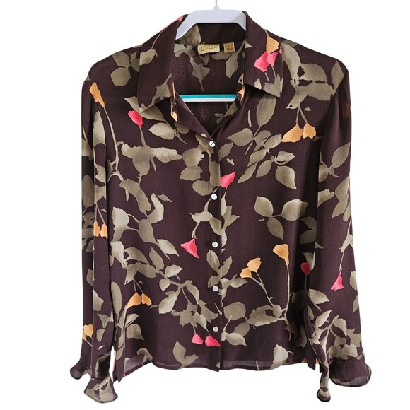 Caslon Tops - Caslon woman Size L 100% Silk Blouse Dark Floral Old Money Ruffle Sleeve Buttons